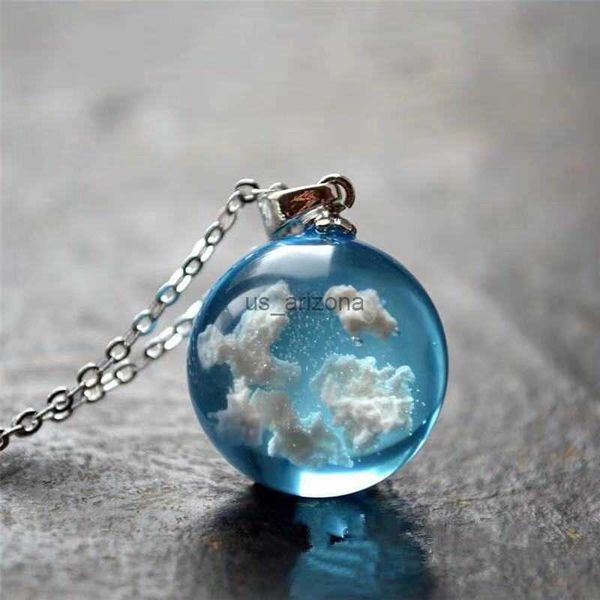 

chic transparent resin rould ball moon pendant necklace women blue sky white cloud chain necklace fashion jewelry gifts for girl l230620, Silver
