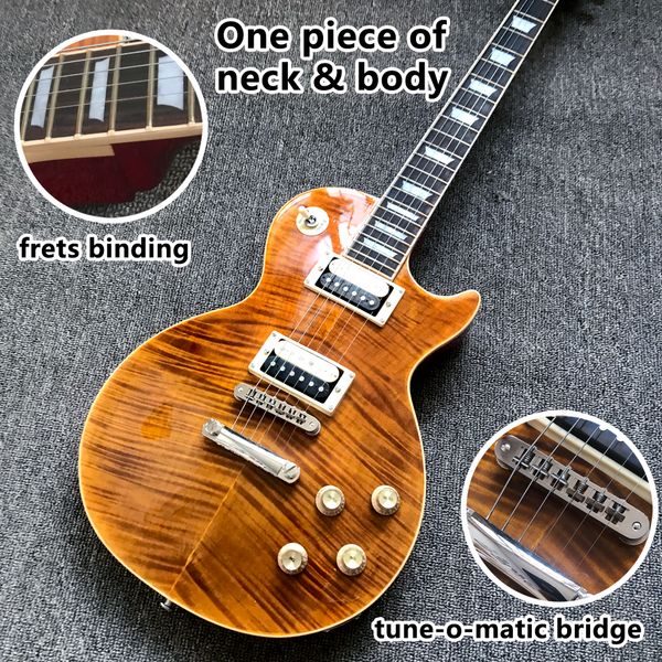 

solidbody electric guitar with mahogany body, aaa flame maple mahogany neck, rosewood fingerboard, and 2 humbucking pickups