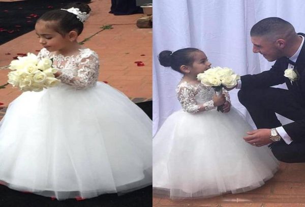 

2018 cute white ball gown flower girls dresses applique lace long sleeves floor length children wedding dress first communion 4406186, White;red