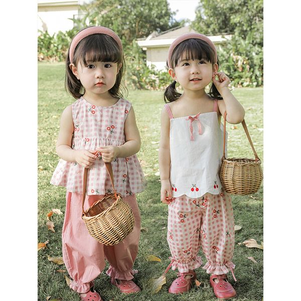 

clothing sets girls' fashion pants cherry suspender baby doll shirt summer children's casual 230630, White