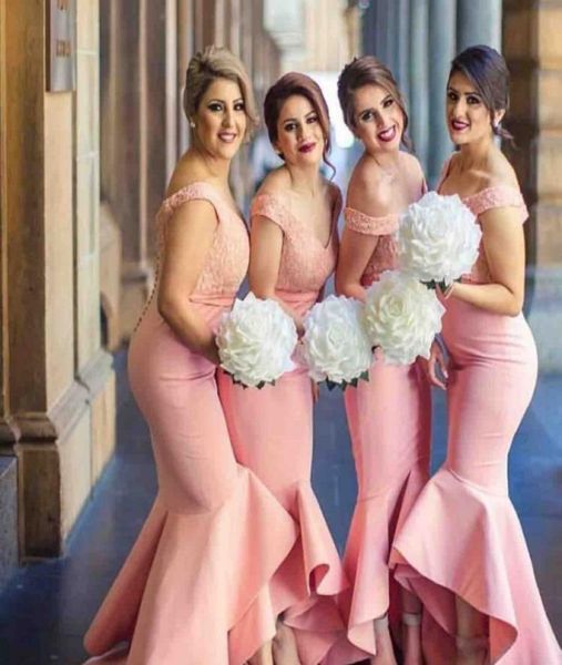 

blush pink mermaid bridesmaid dresses long off shoulder high low wedding party dress lace and tulle plus size maid of honor gowns 3473771, White;pink