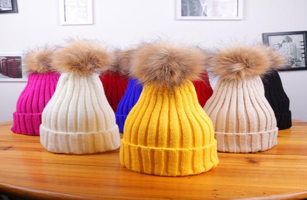 

15 colors winter women girls knitted hat warm pom pom big fur ball wool hat ladies skull beanie solid crocet female outdoor caps z1816928, Yellow