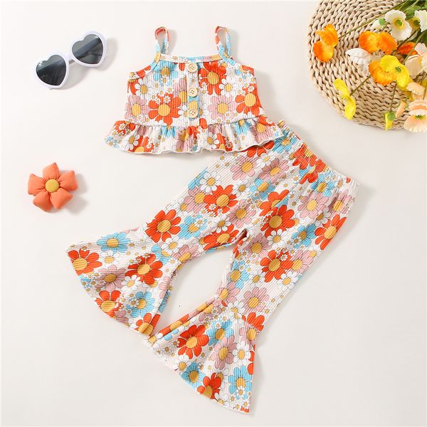 

clothing sets kids girls summer outfits children costumes ruffled floral sleeveless camisole tank and casual flared pants set 230630, White