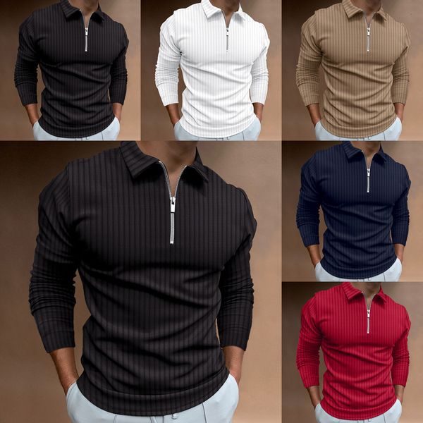 

men's polos polo shirt zipper pit strip solid color business pullover long sleeve polo spring and autumn temperament 230630, White;black