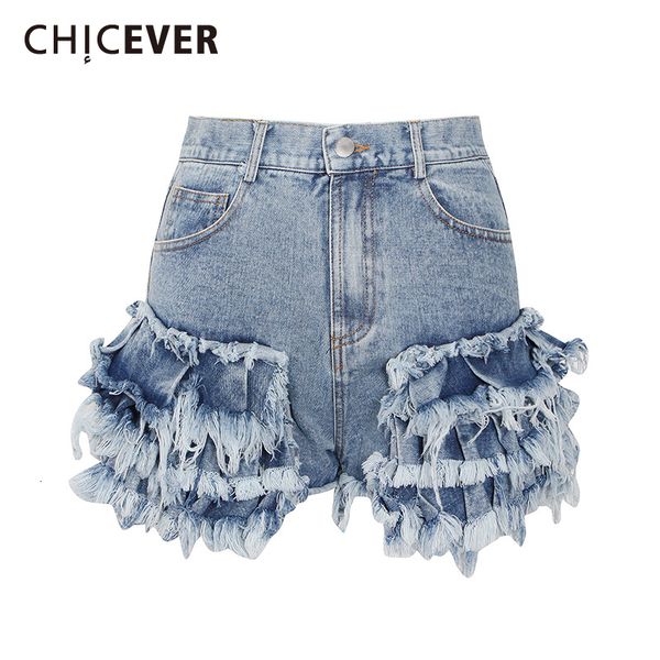 

women's shorts chicever casual blue for women high waist patchwork ruffles pockets asmmetrical slim short pant female summer 230630, White;black