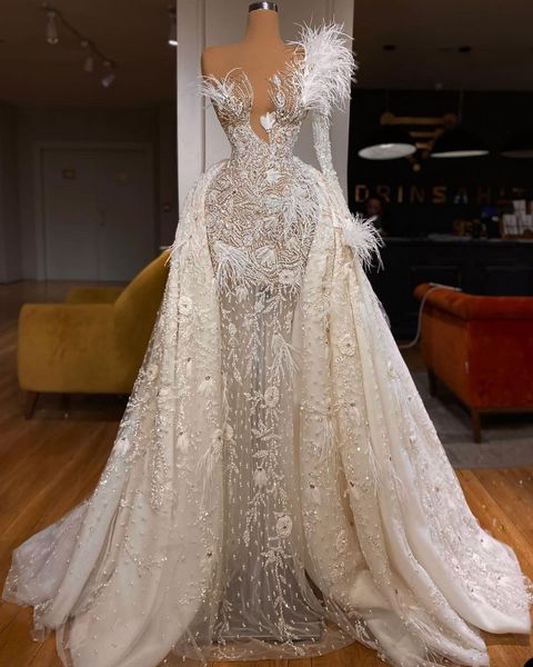 

exquisite ball gown wedding dresses one long sleeve v neck sequins feather applique beads detachable train bridal gowns plus size custom mad, White