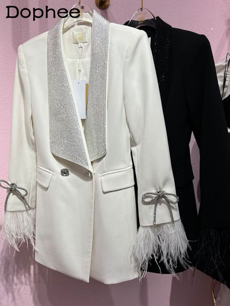 

women's suits blazers slimming feather decoration suit jacket women fall winter white blazer coat outerwear 230630, White;black