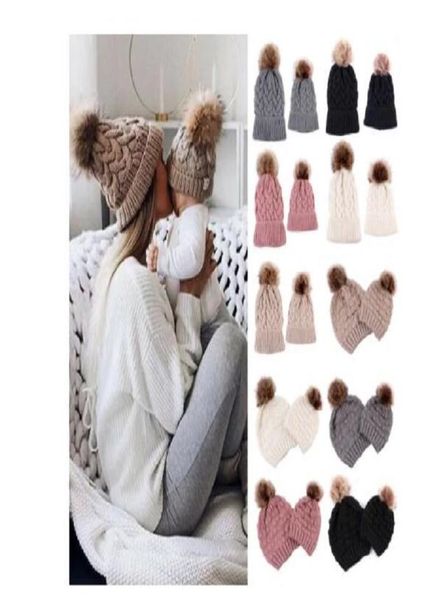 

infant baby boy girl mom winter knit warm soft beanie hat hairball cap for children family matching caps hats8873302, Yellow