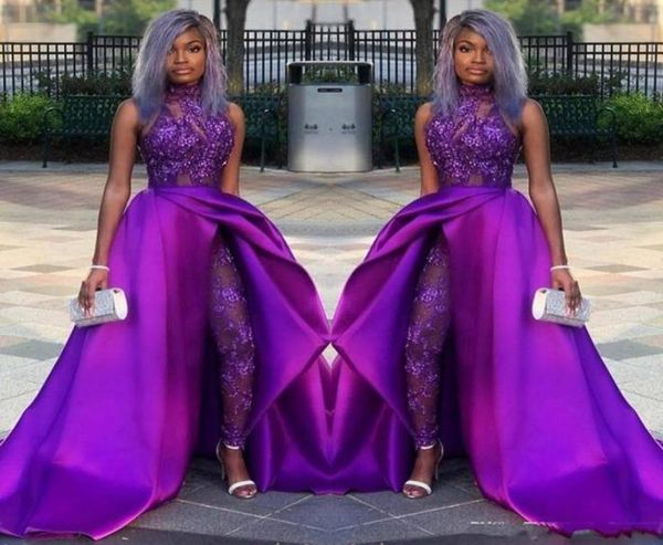 

2020 purple jumpsuits prom dresses with detachable train high neck lace appliqued bead evening gowns luxury african party women pa5143092, Black