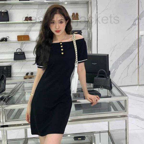 

basic & casual dresses designer 23 spring/summer new gold button off shoulder neck short sleeve women's dress black slim fit waist long, Black;gray