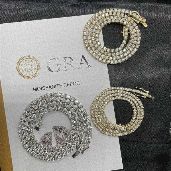 

tennis chains necklace bling width 3mm 925 sterling silver real gold plated round moissanite diamonds