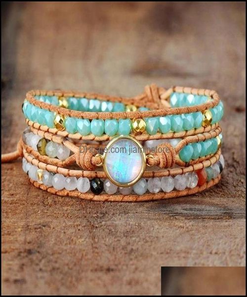 

charm bracelets jewelry women natural opal stone 3 rows leather wrap bracelet fancy femme boho4125396, Golden;silver