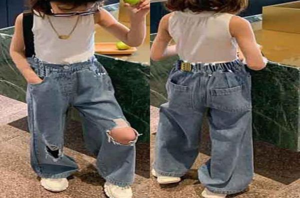 

jeans girls denim wideleg pants 2021 spring autumn loose girl bell bottom broken hole kids6632028, Blue