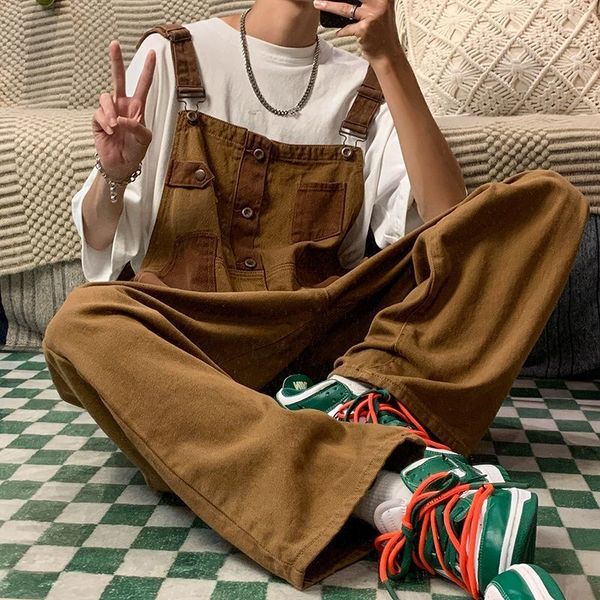 

men's pants fashion japanese brown casual daily denim overalls summer oversize high street trousers male clothes 230630, Black