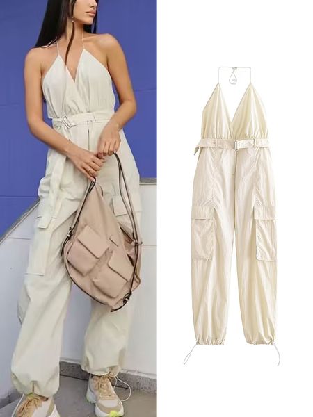 

women's jumpsuits rompers traf summer women safari style jumpsuit with belt 2023 female solid pocket decoration deep v neck backless ca, Black;white