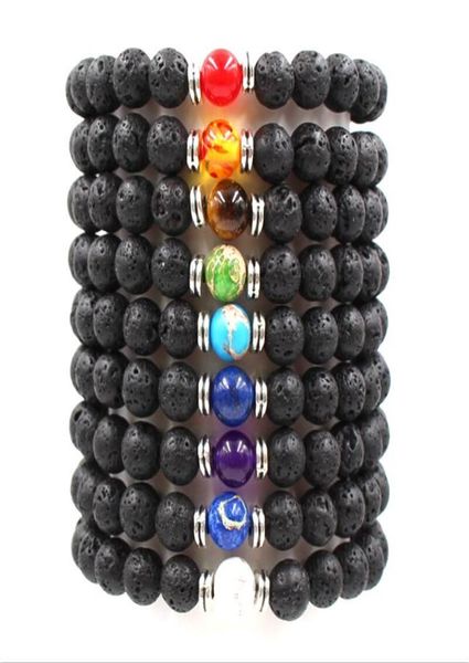 

9colors 7 chakra natural black lava stone beads elastic bracelet essential oil diffuser bracelet volcanic rock beaded hand strings7134510, Golden;silver