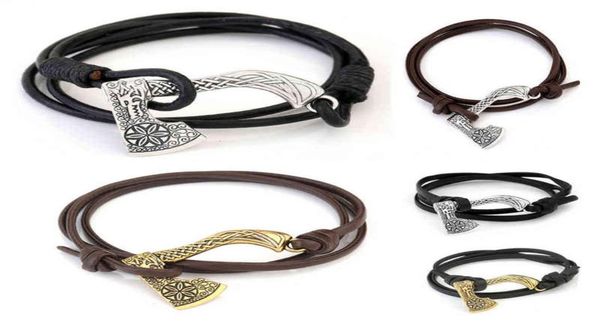 

handmade wristband valknut odin039s viking wolf axe vikings amulet charm leather wrap bracelet bangles men jewelry gifts l2209952246, Golden;silver