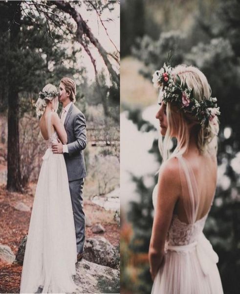 

romantic boho wedding dresses sheer neck sleeveless lace tulle ivory nude backless beach wedding gowns bohemian bridal dresses1597680, White