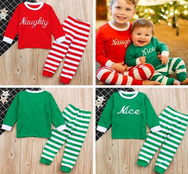 

ins quotnaughty nicequot boys girls xmas christmas pajamas kids cotton 2pcs set children long sleeve xmas striped deer print n2638381, White