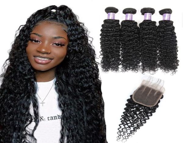 

water 4pcs with lace closure malaysian body straight human hair bundles with closure brazilian hair indian curly hair extensions d3801279, Black
