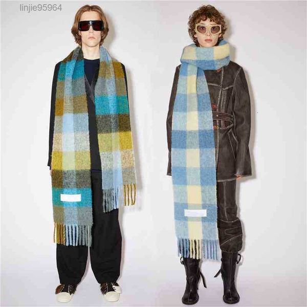 

2021 new autumn and winter multi color thickened with extended plaid shawl couple warm scarf a1{category}u6u611, Blue;gray