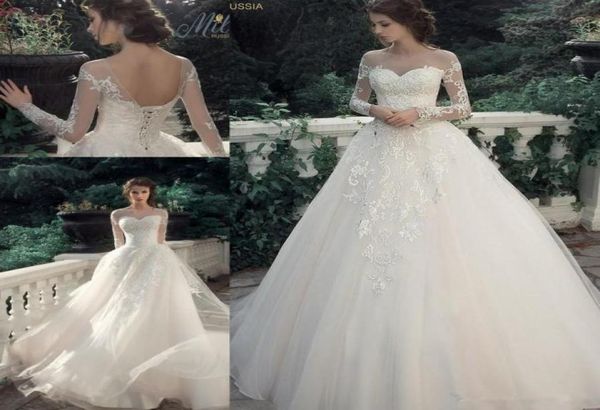 

milva bridal vintage lace beach princess wedding dresses 2019 sheer neck long sleeve plus size country corset wedding bridal d7026888, White