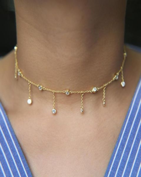 

luxury fine 925 sterling silver gold plated cz station tassel chain choker statement cz women necklace5701321