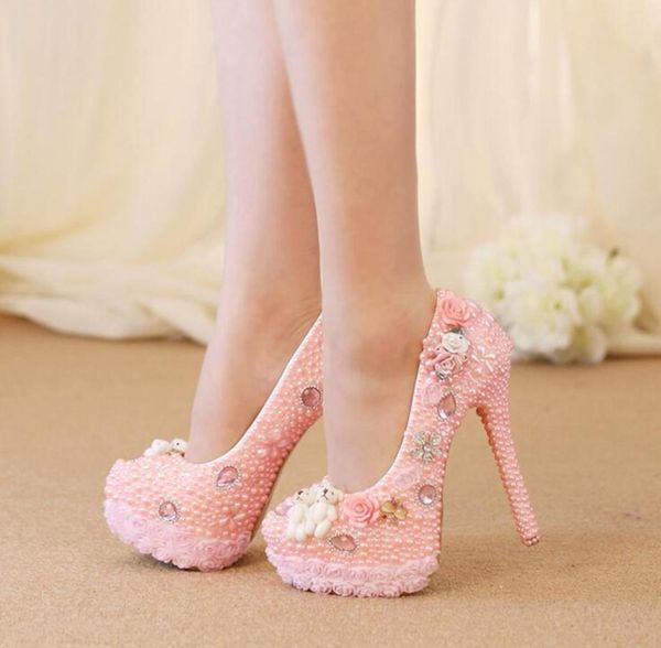 

wedding high heel shoes gorgeous design crystal bridal dress shoes pink color pearl lace flower platform birthday party pumps9338355, Black