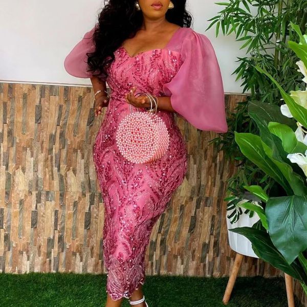 

basic casual dresses 2023 heavy industry sequin lace mesh puff sleeve dress african women wear mid long 230701, Black;gray