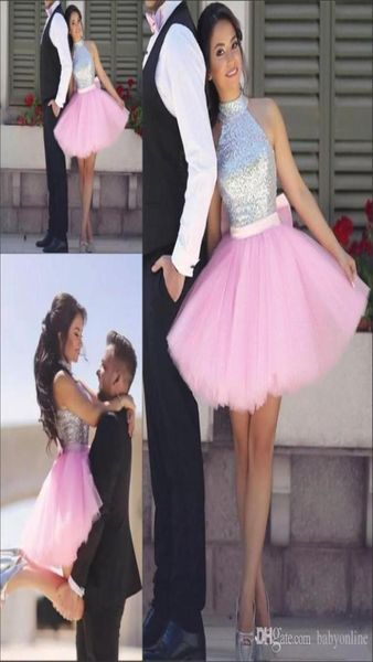 

shiny silver sequins short homecoming dresses pink tulle halter cocktail dresses arabic prom party gowns3366741, Blue;pink