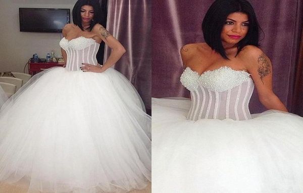 

2020 arabic ball gown wedding dresses sweetheart crystal beading illusion long sweep train tulle puffy plus size formal bridal gow3776873, White