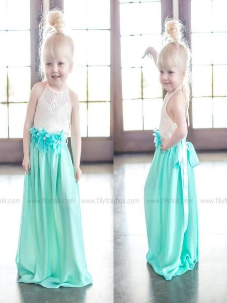 

lovely 2017 beige lace mint green chiffon flower girls dresses for country beach weddings halter hand made flowers sash 2698398, White;blue
