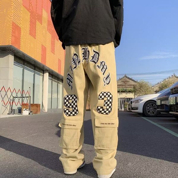 

men's pants hip hop letter embroidery men's and women's straight leg overalls american style high street ins gothic loose cas, Black