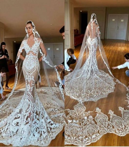 

gorgeous mermaid wedding dresses sleeveless v neck lace bridal gowns covered button back plus size saudi arabic dubai vestido de n3587200, White