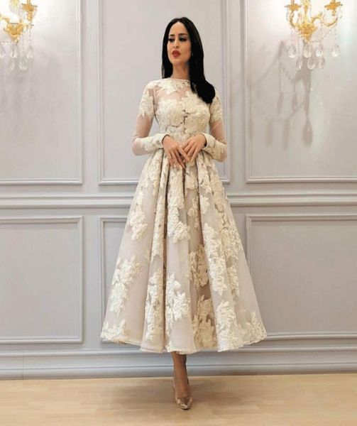 

long sleeve lace ankle length evening dresses 2020 elegant arabic puffy long sleeves tulle applique tea length prom dresses3899694, Black;red