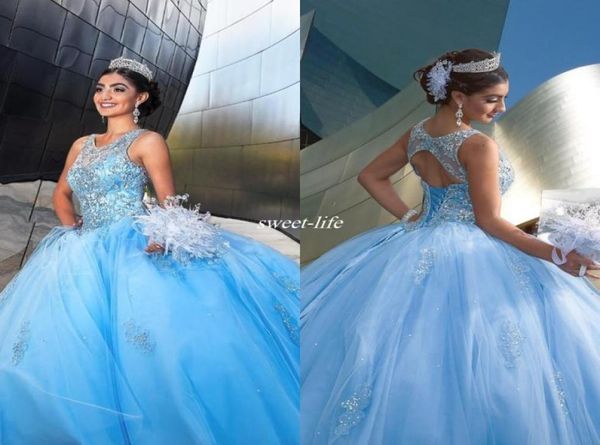 

light sky blue sweet 1516 party debutantes gowns backless sheer neck crystals sparkly sequins tulle 2019 custom quinceanera dress8860182, Blue;red