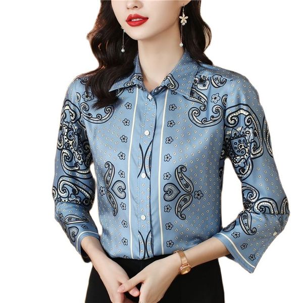 

2023 paisley print vintage satin shirts women's designer button front long sleeve formal shirt plus size back to school silk business, White
