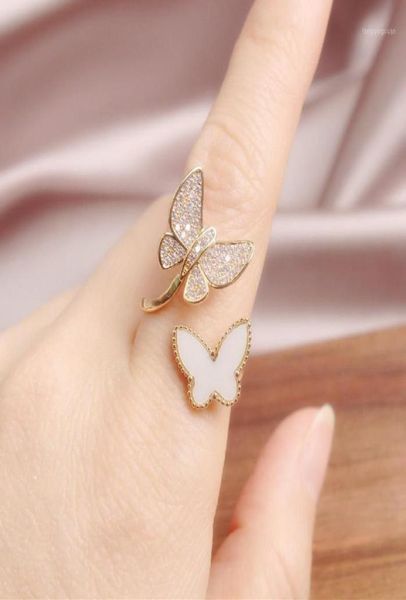 

cluster rings korean fashion jewelry copper inlaid zircon light luxury opening delicate flexible two butterfly shells elegant fema6130617, Golden;silver