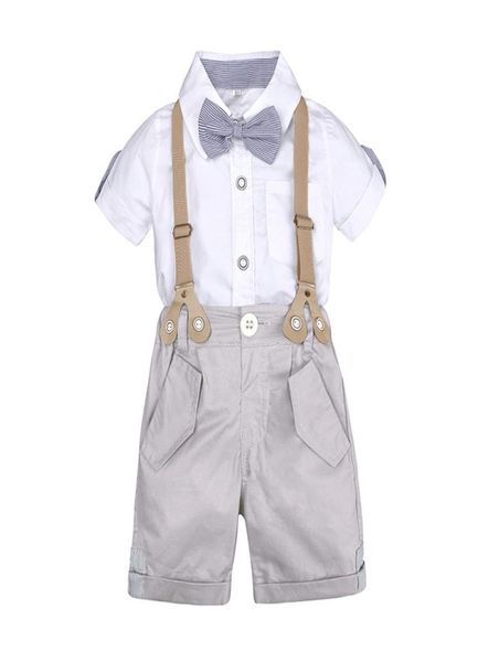 

boy bow gentleman clothes white shirt shorts with suspenders kids children holiday outfits short sleeve sets5731594