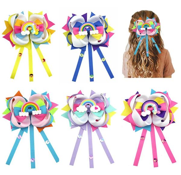 

5pcs 55039039 big rainbow hair bow with clip unicorn grosgrain ribbons hairclips for girls9017541, Slivery;white