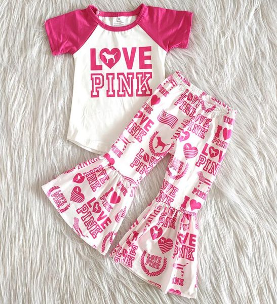 

fashion kids boutique clothes short sleeve shirt and bell pants set for girl girl letters and pattern design outfit 21396620, White