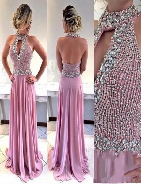 

custom beading rhinestone a line chiffon long prom dresses halter keyhole neck backless pageant party gowns special occasion1960331, Black