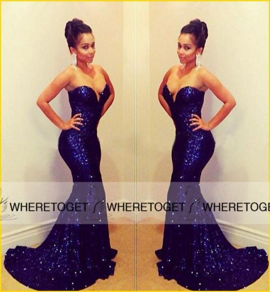 

2019 bling royal blue sequins mermaid evening dresses with strapless sweetheart backless sweep train party prom formal gowns plus 9132730, Black;red