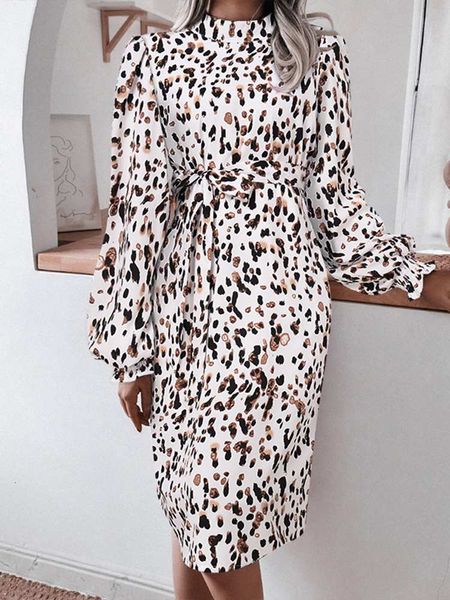 

basic casual dresses zanzea elegant leopard print sundress 2023 women o neck long puff sleeve party dress autumn holiday vestidos belted rob, Black;gray