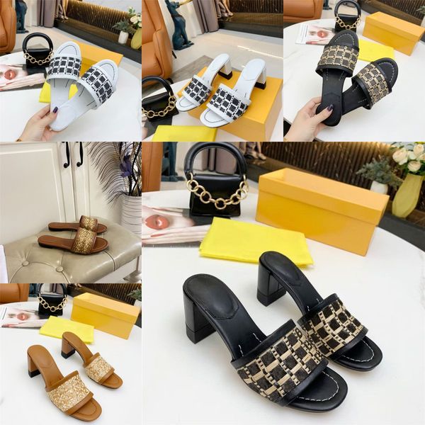 

designer shoes women sandals letter slippers high heels straw shoes flats with box, Black