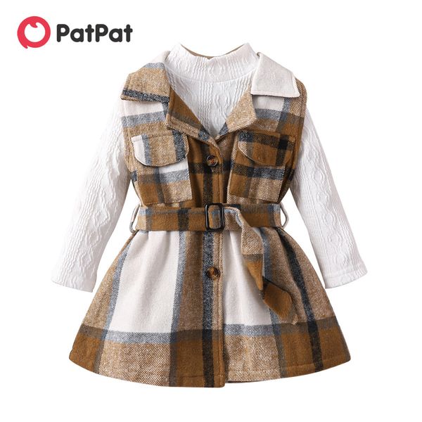 

girl's dresses patpat 2pcs toddler girl classic mock neck textured tee and plaid lapel collar belted dress set 230630, Red;yellow
