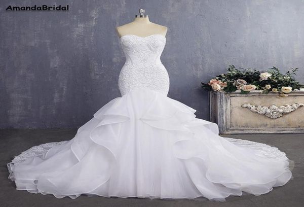 

amandabridal bride dress mermaid wedding dresses vintage lace bridal gown 2022 with detachable straps pleat layer4403400, White