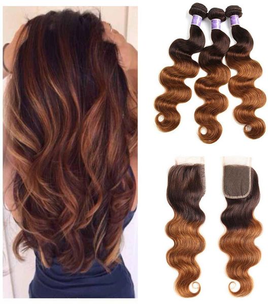 

two tone 430 ombre body wave virgin hair bundles with lace closure dark to auburn brazilian human hair weaves with lace closure9328917, Black;brown
