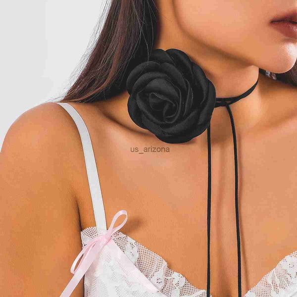 

long rope chains with large flower choker necklace for women black and white romantic fabric collar jewelry on neck accessories l230620, Silver