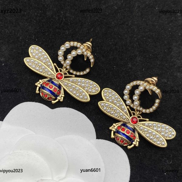

designer women earrings colorful insect shape jewelry fashion inlaid pearl charm earring #including box gift choice, Golden